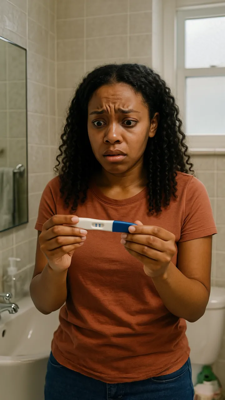 Young Black Woman Taking Pregnancy Test in Bathroom